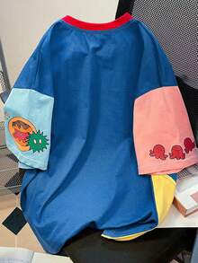 Resyla 拼接设计卡通印花圆领短袖宽松休闲美式学院风T恤，夏季 - 彩色 - 查看 2