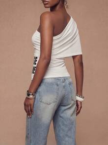 Modviera Women's Fashion Semi-Sheer Letter Print Top Club Rave White Autumn Streetwear 2000s - White - View 2