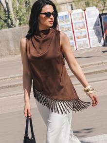 Maija Blusa de talla grande color marrón chocolate, otoño, elegante, sin mangas, cuello drapeado, dobladillo asimétrico con flecos, estilo old money, invitada a boda, casual de negocios - Marrón - Ver 9