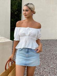 DAZY Solid Color Fitted Off Shoulder Short Sleeve Casual Cottagecore Romantic Boho Tropical Vacation Summer Women's Shirt Cute Top School White - White - View 7