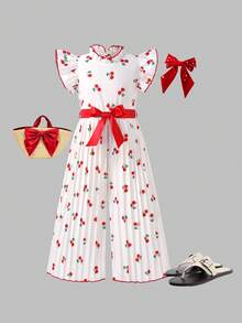SHEIN Elladie kids 女童數位印花滿版櫻桃圖案連身褲，配紅色腰帶、活力飄逸袖與荷葉邊領設計，柔軟可愛且精緻，適合日常穿著、外出、度假及夏季穿搭 - 白色 - 查看 2