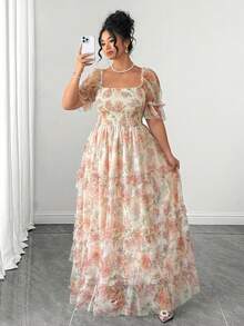 Elenzga Plus Size Women Elegant Romantic Floral Chiffon & Knit Patchwork Dress, Suitable For Vacation, Tea Party, Easter, Spring Break, Evening Party - Multicolor - View 3