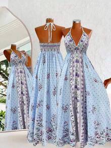 Flirla Bohemian Style Printed Beach Slip Dress - Blue - View 5