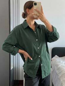 Loose-Fitting Long-Sleeved Shirt With Pockets And Buttons, Women's Multi-Season Casual Blouse For Spring And Autumn, Suitable For Business And Professional Workwear. - Dark Green - View 10