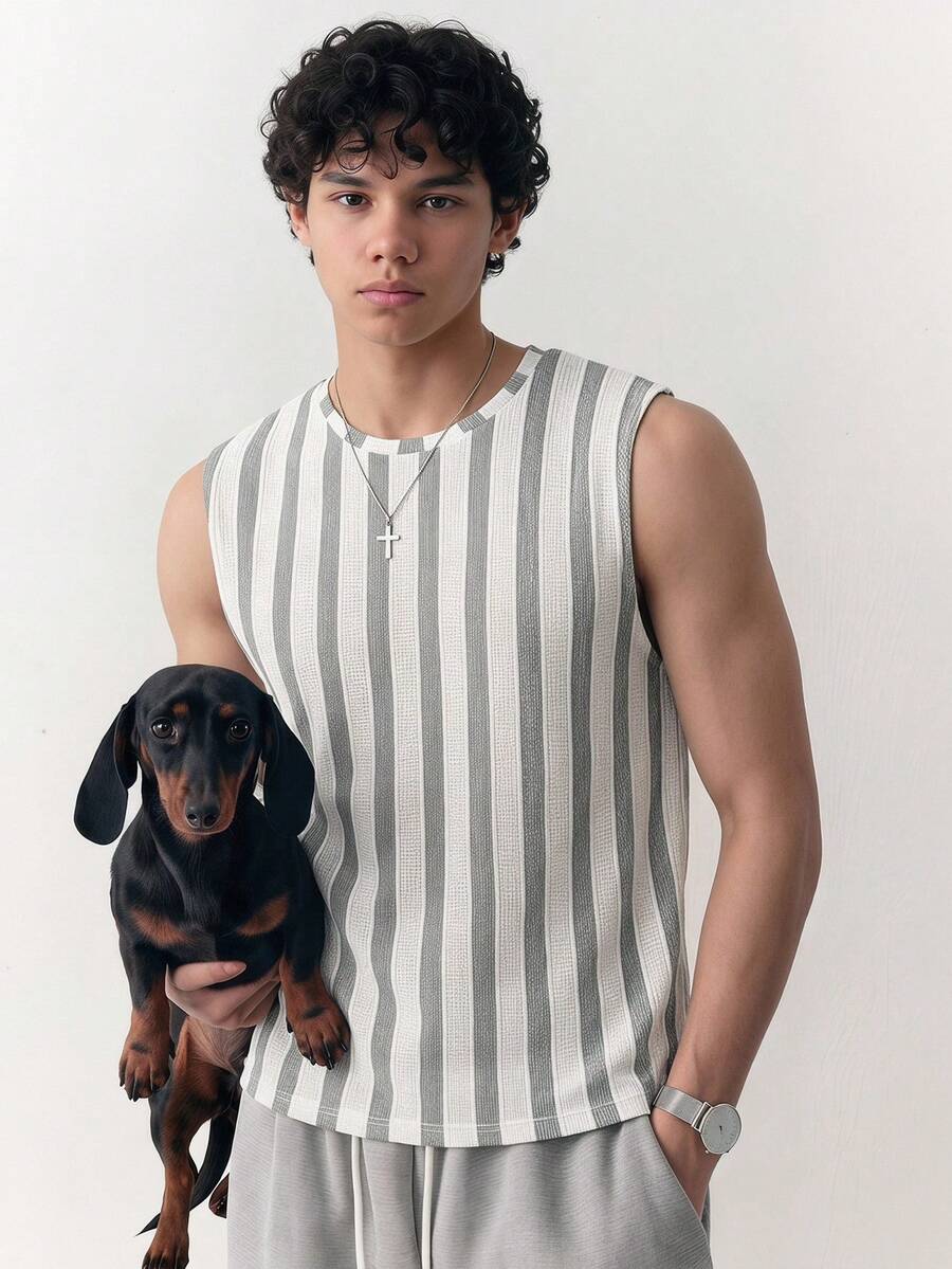 NORVETH Men's Striped Crew Neck Casual Versatile Tank Top - Green and White - View 1