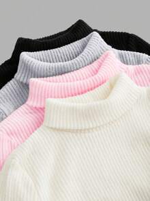 SHEIN Emery Rose Kids 4件/組少女高領羅紋針織休閒T恤，高彈性翻領底層T恤女童秋季服裝，適合日常休閒出遊 - 彩色 - 查看 6