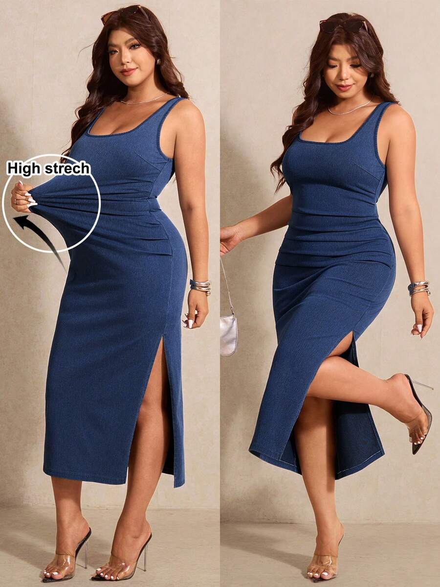 Elaquor Vestido de mezclilla de verano de talla grande, unicolor, sin mangas, ajustado con abertura en el bajo