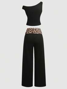 Set Kasual Atasan Tank Top dan Celana Panjang Rajut Hitam Motif Leopard untuk Remaja Perempuan - Hitam - View 2