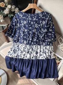 Lacomfia Camiseta de mujer de cuello redondo, manga corta, patchwork de pastel, estampado floral pequeño, minimalista, elegante, para vacaciones de verano, talla grande - Multicolor - Ver 2