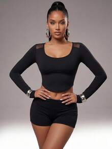 Radiana Mesh Patchwork Black Workout Women Tops T-Shirt  Solid Color Simple Long-Sleeve Casual Sports T-Shirt Slim Fit Basic Long-Sleeve T-Shirt, Suitable For Fitness, Yoga, Casual, Daily Wear, Tennis, Outdoor Activities, Running, And Vacations, Holiday, Suitable For All Seasons, Spring Summer Fall Winter - Black - View 5