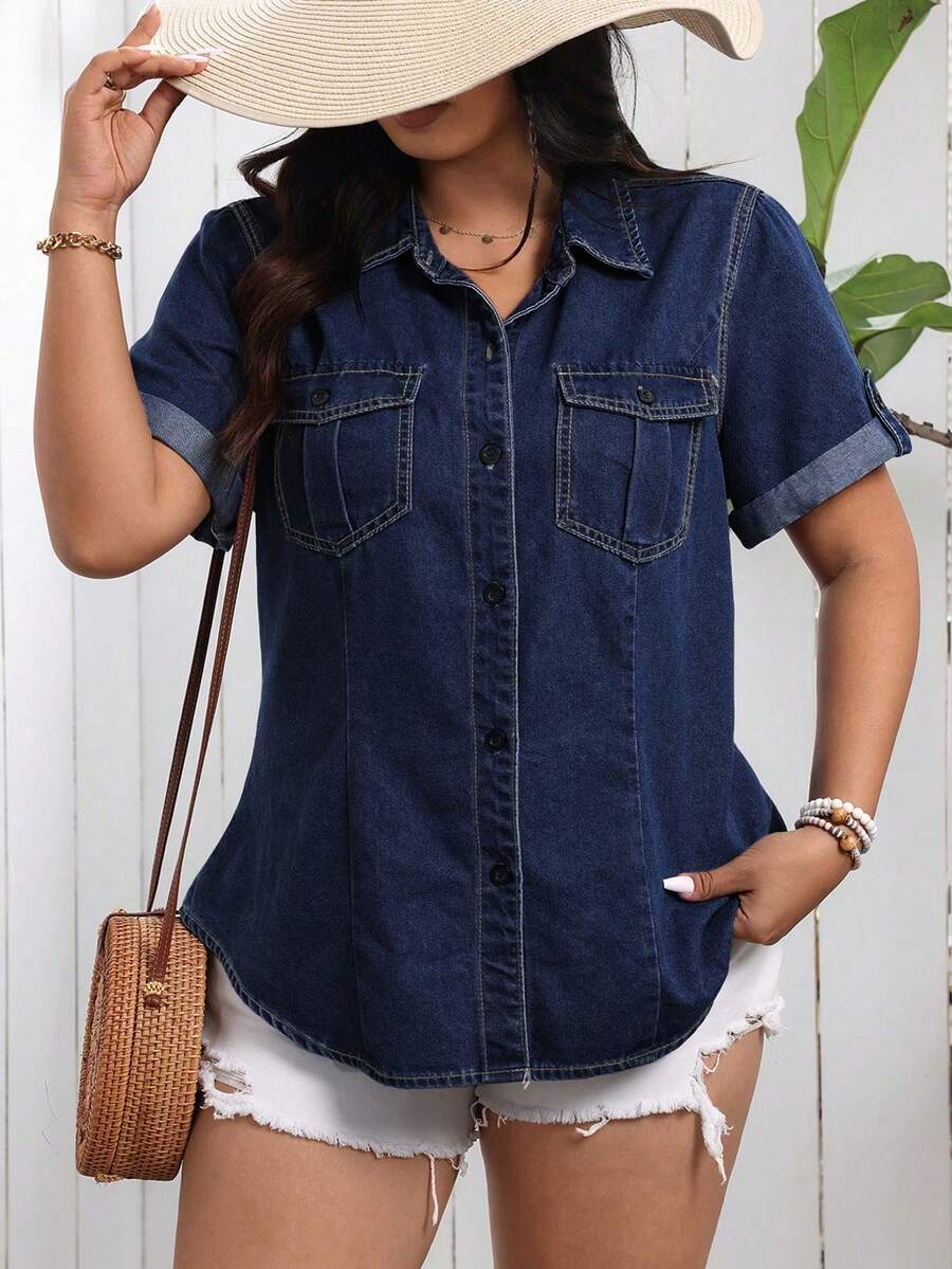 EMERY ROSE Plus Size Regular Shoulder Short Sleeve Rolled Hem Summer Front Button Denim Top Vacation Navy Blue Alternative - Dark Wash - View 1