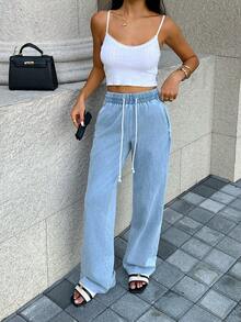 SHEIN Unity Women's Casual Streetwear Everyday Travel Drawstring Waist Wide Leg Jeans Light Blue Summer - Light Wash - View 3