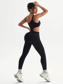 SHEIN Sports 女款黑色無縫無袖連身褲，鏤空腰部設計，適合春夏季穿著，適用於休閒、健身、瑜珈運動 - 黑色 - 查看 6