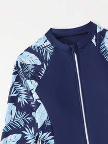 SHEIN 青少年女孩一件式泳衣 & 短褲兩件套裝，長袖附拉鍊，新品上市。適合春/夏海灘游泳。配色紫色花卉印花圖案，時尚設計。舒適面料，清新且時尚 - 彩色 - 查看 3