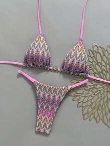 Swim Mod Setelan Baju Renang 2 Potong Wanita 26SS Musim Semi/Panas dengan Kain Rajutan Baru, Atasan Segitiga Tanpa Punggung Leher V & Bawahan Bikini T-Back untuk Liburan Pantai - Berwarna merah muda - View 3