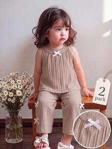 SHEIN Vintaside Kids 2件組女嬰灰粉色夏季可愛家庭套裝 羅紋針織無袖背心上衣&寬腿長褲 嬰幼兒波希米亞風生日穿搭 - 卡其色 - 查看 9