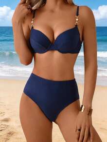 Swim Lushoire New Summer Vacation Push-Up Molded Cup Solid Color Bikini Set - Navy Blue - View 1