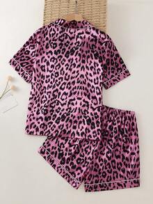 Teen Girls Classic Leopard Print Collar Short Sleeve Shorts Comfortable 2 Pieces Pajama Loungewear Set - Multicolor - View 2