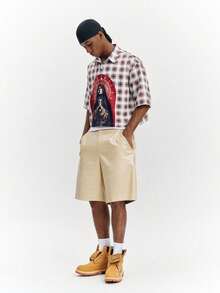 PAVTROS 男款鱷魚紋PU皮革短褲，時尚百搭膝上短褲，度假風 - 米色 - 查看 5