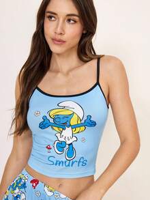 SHEIN X The Smurfs Bộ đồ ngủ nữ áo hai dây camisole in hoạt hình và quần dài - Màu xanh lam - Xem 5