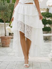 SHEIN MOD Asymmetric White Lace Multi-Layer Cake Skirt Date Vacation Summer Elegant Fairycore - White - View 7