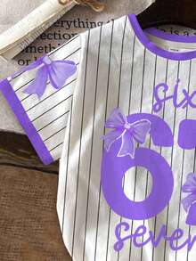 Set de 2 piese pentru fete preadolescente, casual, minimalist, cu personalitate cool, numeric 67 și grafică cu fundă, roz, cu dungi, stil atletic și chic, ton de albastru, tricou și pantaloni scurți cu mânecă scurtă, potrivit pentru vară - Multicolor - Vizualizare 5