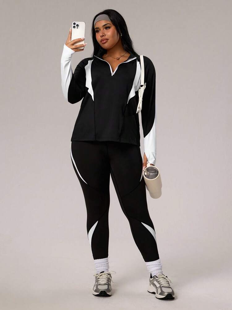 Breezaya Plus Size Neon Splice 2 Pieces Set, Half-Zip Long Sleeve Fitted Sweatshirt With Thumb Hole And Skinny High Waist Leggings - Black and White - View 5