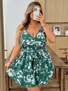 SHEIN CURVE+ 大尺碼花卉印花細肩帶綁腰連身褲 - 彩色 - 查看 6