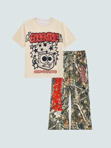 Modcrash Plus Size Men's Loose Fit Cartoon Red & White Graffiti Figure & Branch Camouflage Print Knit Short Sleeve T-Shirt & Pants Set, Casual & Fashionable, Plus Size Fit, Perfect For Dates And Gatherings, Great Gift For Boyfriend - Multicolor - View 5