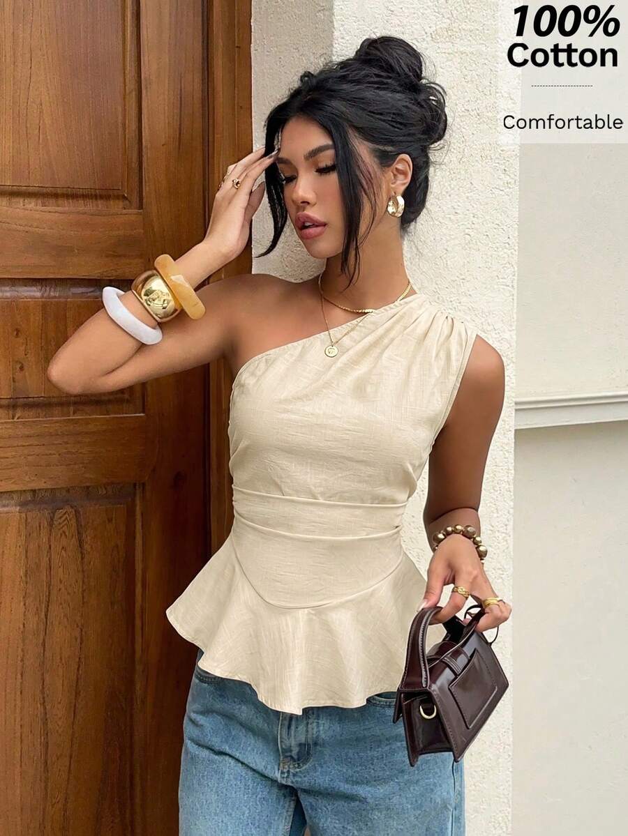 Siren Gaze One-Shoulder Ruffled Waist-Cinching Top, 100% Pure Cotton, Summer Style, Sleeveless, Slimming, High-Waisted, Ruffled Cropped Top Elegant