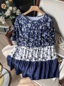 Lacomfia Camiseta de mujer de cuello redondo, manga corta, patchwork de pastel, estampado floral pequeño, minimalista, elegante, para vacaciones de verano, talla grande - Multicolor - Ver 1