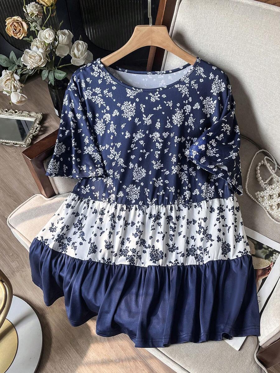 Lacomfia Camiseta de mujer de cuello redondo, manga corta, patchwork de pastel, estampado floral pequeño, minimalista, elegante, para vacaciones de verano, talla grande - Multicolor - Ver 1