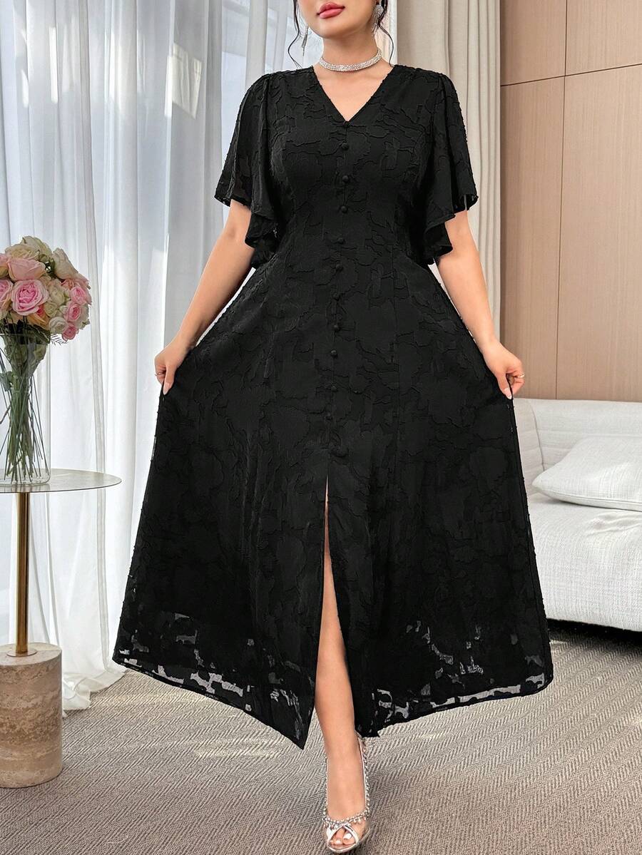 Feyla Plus Size Summer Elegant Celestial Solid Color Cutout Dress Evening Formal Black Wedding Dinner Cocktail Party - Black - View 1