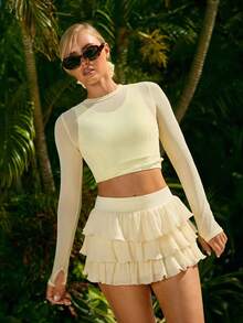 Fluxe Sexy Mesh Hollow Cover-Up For Summer Perfect Airport Outfit Suitable For Tennis Yoga Studio Pilates Daily Wear Cute Summer Outfits Festival Outfits Beach Outfits Sea Going Out Outfits Women's Gym Clothes Gym Female Gym Set Casual Sets Holiday Outfits Vacation Sportswear Workout Sets Yellow Top - Black and White - View 4