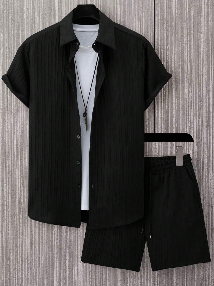 Manfinity Homme Conjunto de 2 piezas de uso diario sencillo y liso para hombres (estampado aleatorio), atuendos cómodos - Negro - Ver 1