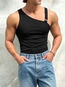 Manfinity Dauomo Men's Solid Color Oblique Shoulder Sleeveless Slim Fit Casual Asymmetrical Hollow Out Tank Top - Black - View 4