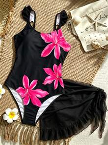 SHEIN 女童花卉印花连体泳衣（带系带裙摆） - 黑色 - 查看 3