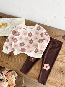 SHEIN Baby Girl Knitted Floral Pattern Crew Neck Casual Sweatshirt And Long Pants 2-Piece Set - Multicolor - View 5