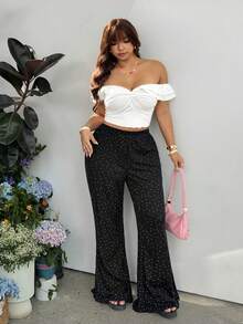 GalTyme Plus Size Polka Dot Print Ruffle Hem Pants Formal Vacation Black And White Autumn Casual - Black and White - View 6