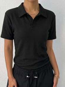 DAZY Women Business Casual Solid Short Sleeve Blouse - Black - View 11