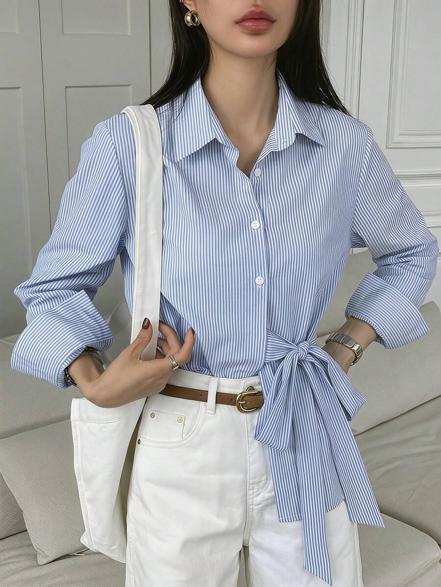 DAZY Women's Casual French Style Commute Office Striped Lace-Up Long Sleeve Shirt Blue And White Stripe Autumn - Blue - View 1