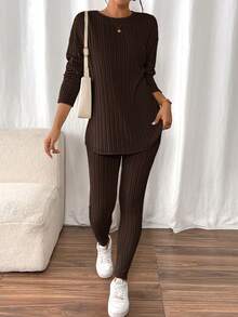 SHEIN Frenchy Drop Shoulder Ribbed Knit Tee & Leggings Textured Fabric Two Pieces - Chocolate Brown - View 3