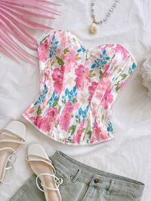 Soleia Plus Size Women Retro Palace Style Colorful Floral Jacquard Print Bandeau Crop Top With Tie Back - Pink - View 6