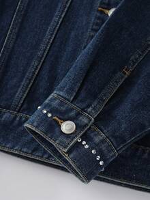 Qadelle Jaqueta Denim Casual Feminina com Aplicação de Strass, Primavera/Outono - Lavagem escura - Visão 5