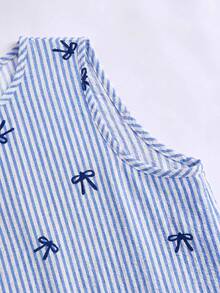SHEIN Ensemble décontracté pour jeune fille avec débardeur à col rond imprimé nœud rayé et short - Bleu azur - Voir 7