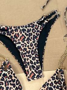 Swim Vcay Bikini sexy para mujer 2026 Primavera/Verano con copa triangular, cuello halter, estampado de leopardo, estilo sexy, decoración de cadena metálica, conector de anillo dorado, corte alto, adecuado para playa, piscina y escenas costeras - Negro - Ver 4