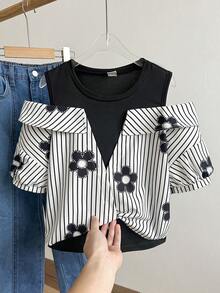 Tween Girl Summer Casual Patchwork Striped Floral Print Off-Shoulder Shirt - Black and White - View 1