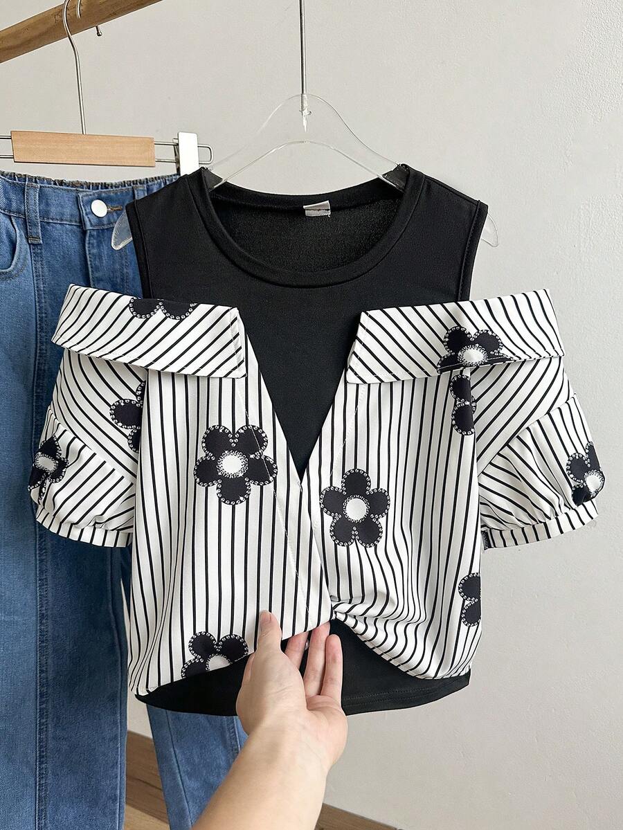 Tween Girl Summer Casual Patchwork Striped Floral Print Off-Shoulder Shirt - Black and White - View 1