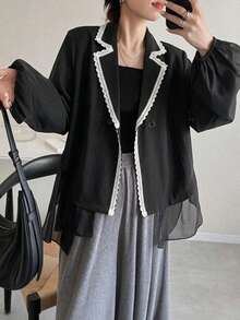 FRIFUL Women's Lace Contrast Trim Lapel Semi-Transparent Mesh Patchwork Jacket - Black - View 2