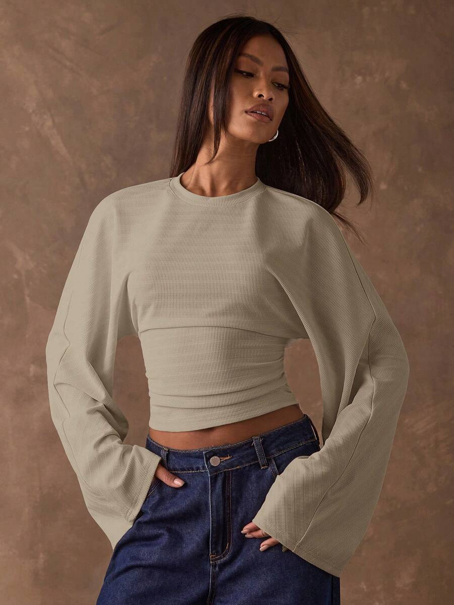 SHEIN BAE 女款極簡純色圓領修身喇叭袖上衣 - 卡其色 - 查看 1